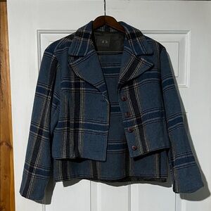 Vintage WoolPlaid Blue Women's Jacket and skirt set